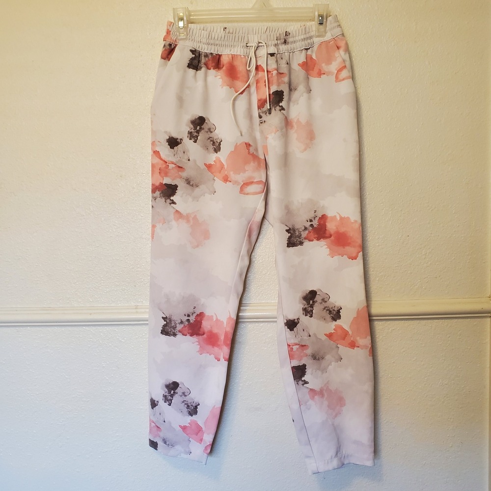 Calvin Klein Womens XS Watercolor Floral Joggers Pink Grey White Abstract Pants